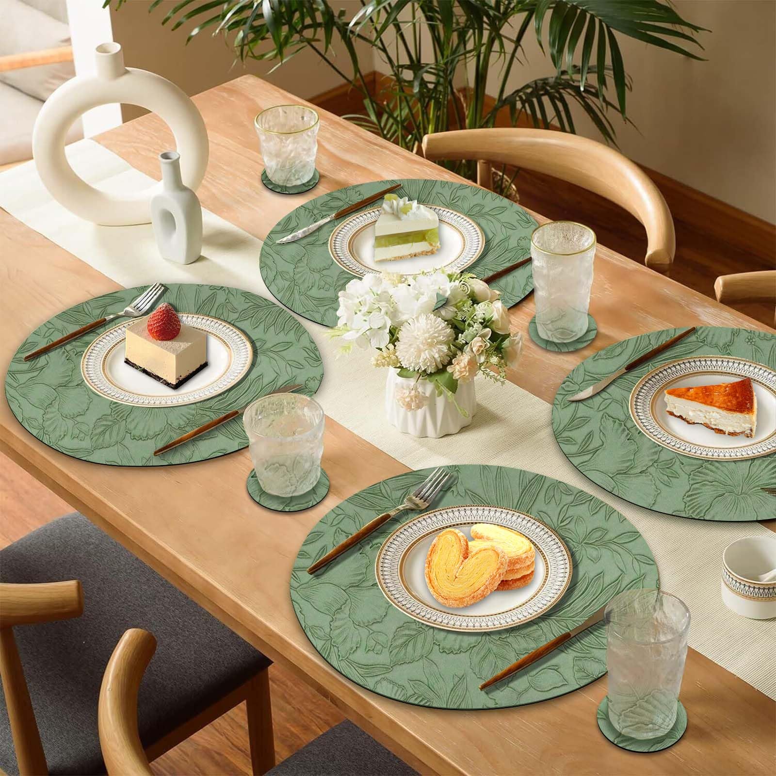 Leatherwork Desk - Placemats Sets 4, Round Floral Leather